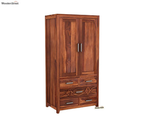 CNC Solid Sheesham Wood 2 Door Wardrobe with 5 Drawers Storage - Natural Finish