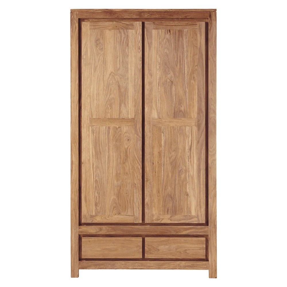 Wooden 2 Door Wardrobe with 5 Drawers Storage for Bedroom - Natural Honey Finish