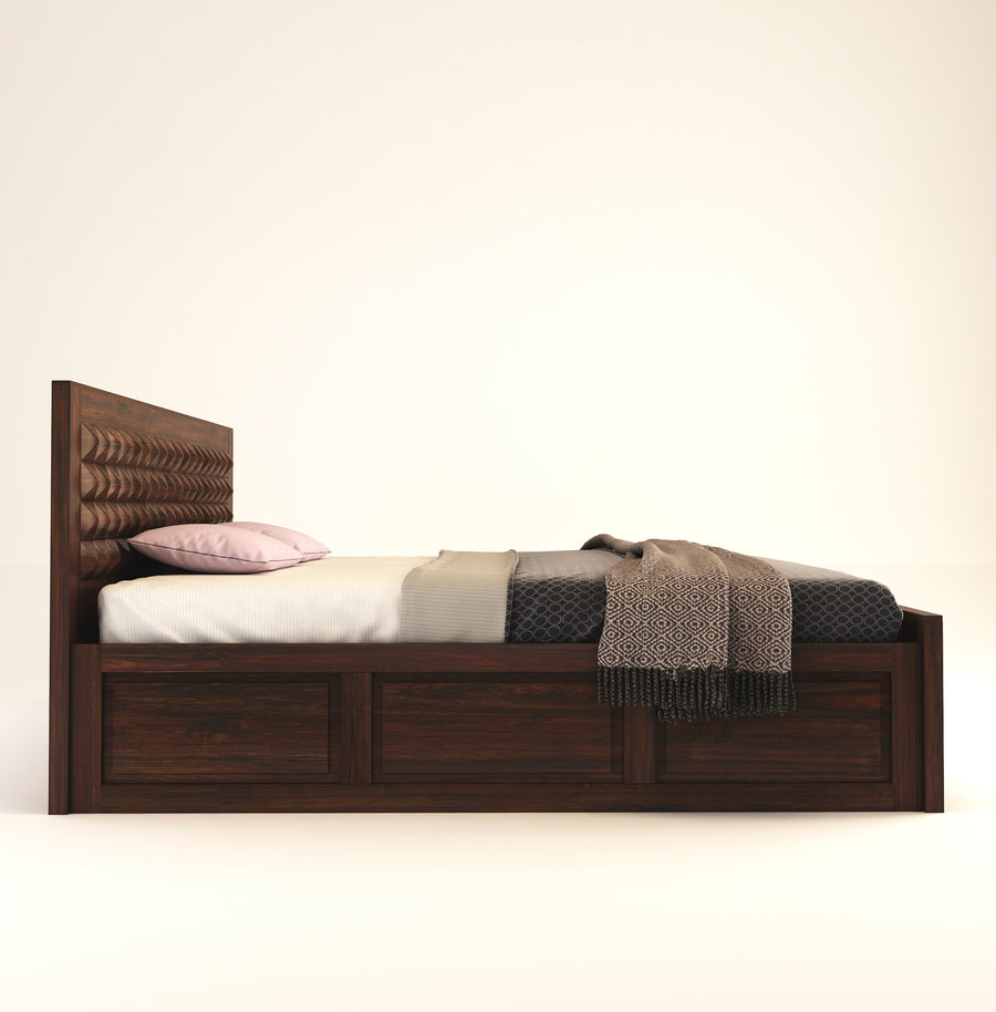 Diamond Solid Sheesham Wood King Size Bed with Box Storage - Walnut Finish