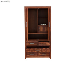 CNC Solid Sheesham Wood 2 Door Wardrobe with 5 Drawers Storage - Natural Finish