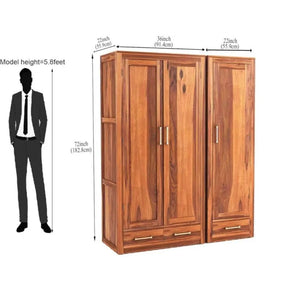 Sheesham Wood 3 Door Wardrobe with 3 Drawers Storage Finish  - Natural