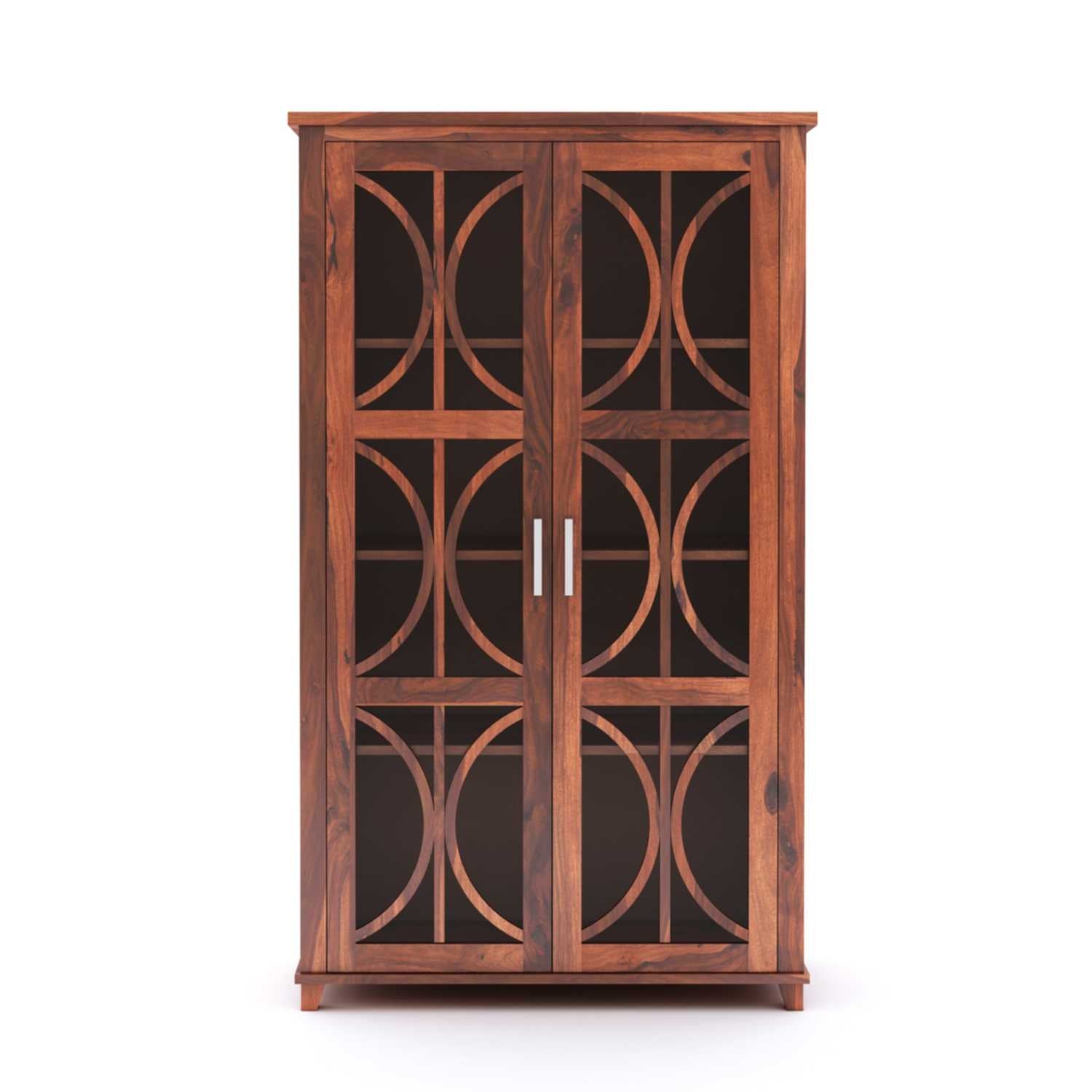 Cross X Bookshelf Cabinet with Glass Door for Kitchen & Living Room - Natural Finish