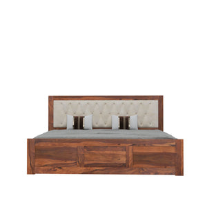 Zeus Solid Sheesham Wood Upholstered Queen Size Bed with Box Storage - Natural Finish