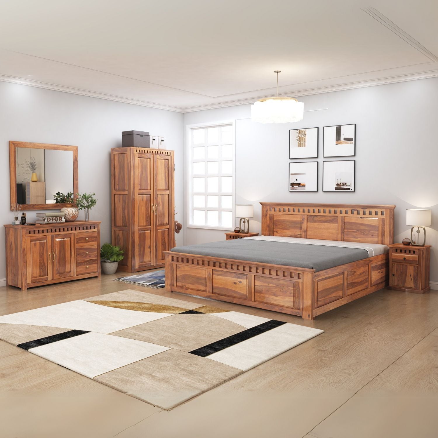 Kuber Queen Size Bed With Box Storage, Wardrobe, Chest of Drawer & Two Bedside Tables - Natural Finish