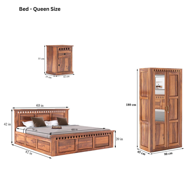 Kuber Queen Size Bed With Box Storage, Wardrobe & Two Bedside Tables - Natural Finish
