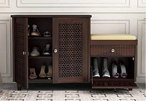 Sheesham Wooden Shoe Rack for Home with Door Storage and Cushion Seating Drawer | Multipurpose Cabinets for Living Room Home | Honey Walnut Finish