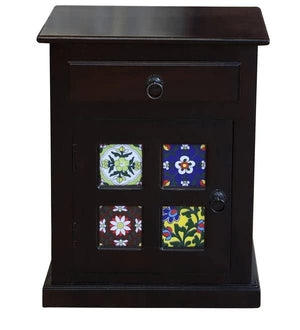 Tile Solid Sheesham Wood Bedside Table - Walnut Finish
