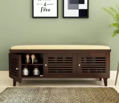 Sheesham Wooden Shoe Rack for Home with Door Storage and Cushion Seating Drawer | Multipurpose Cabinets for Living Room Home | Natural Walnut Finish