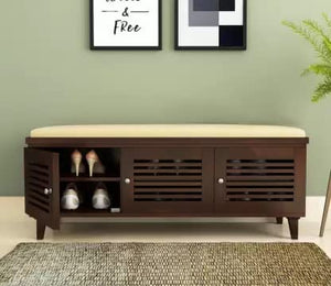 Sheesham Wooden Shoe Rack for Home with Door Storage and Cushion Seating Drawer | Multipurpose Cabinets for Living Room Home | Natural Walnut Finish