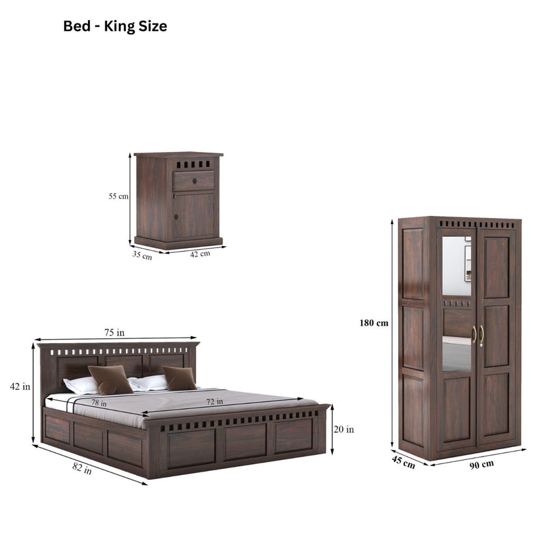 Kuber King Size Bed With Box Storage, Wardrobe & Two Bedside Tables - Walnut Finish