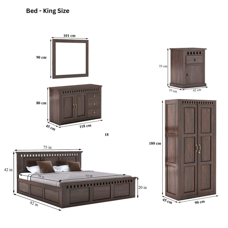 Kuber King Size Bed With Box Storage, Wardrobe, Chest of Drawer & Two Bedside Tables - Walnut Finish