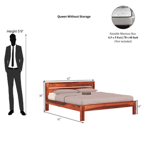 Eros Solid Sheesham Wood Queen Size Bed Without Storage - Natural Finish