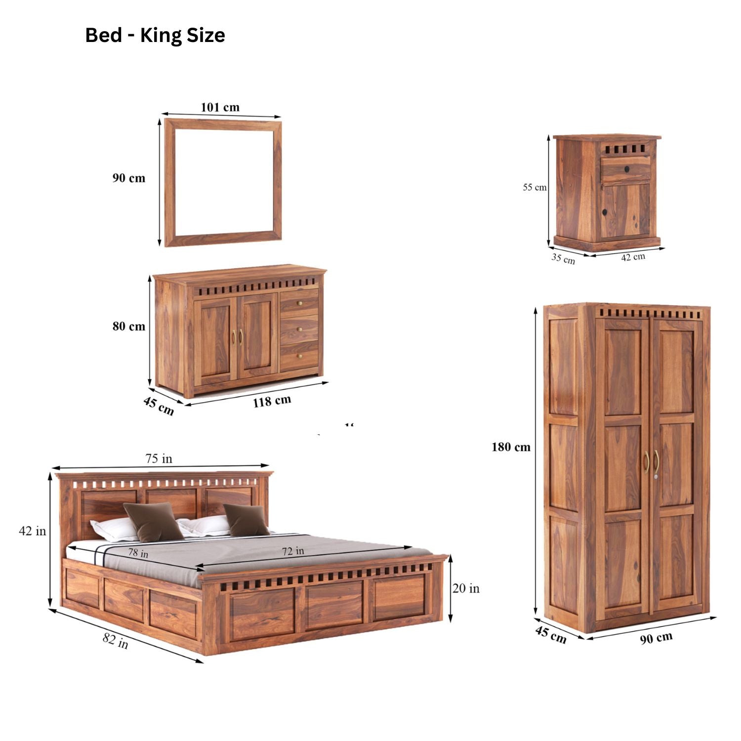 Kuber King Size Bed With Box Storage, Wardrobe, Chest of Drawer & Two Bedside Tables - Natural Finish
