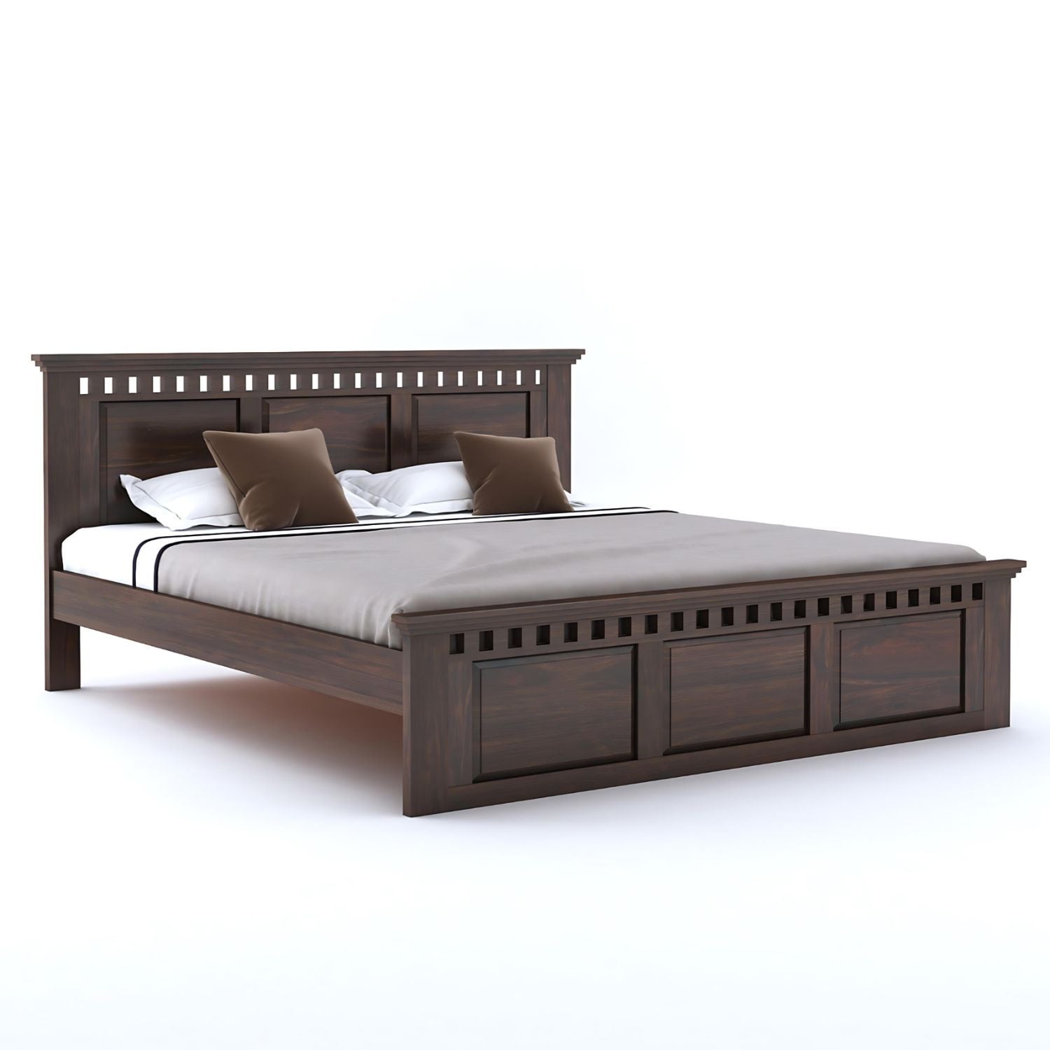 Kuber King Size Bed without Storage, Wardrobe & Two Bedside Tables - Walnut Finish