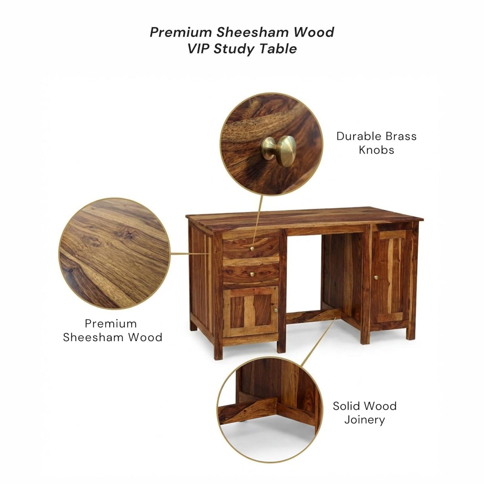 VIP Sheesham Wood Study Table with 2 Drawers & 2 Doors Finish - Natural