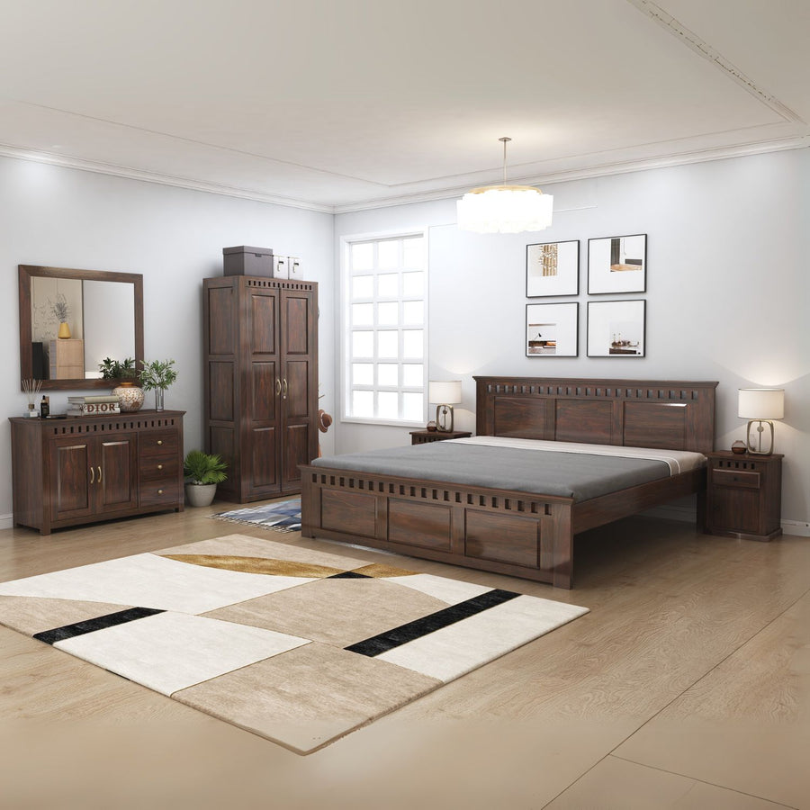 Kuber King Size Bed without Storage, Wardrobe, Chest of Drawer & Two Bedside Tables - Walnut Finish