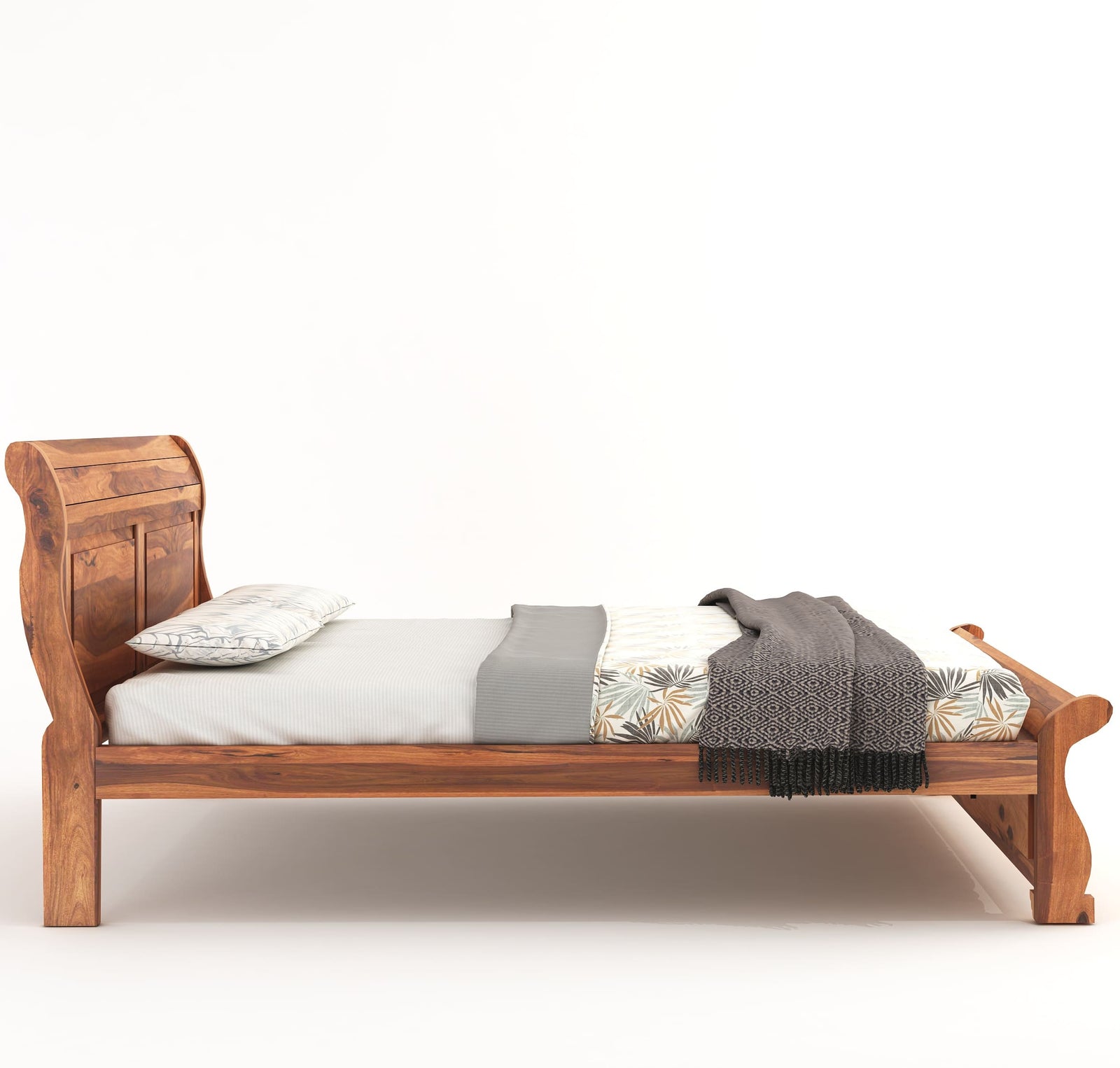 Curve Solid Sheesham Wood Queen Size Bed without Storage - Natural Finish
