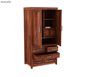 CNC Solid Sheesham Wood 2 Door Wardrobe with 5 Drawers Storage - Natural Finish