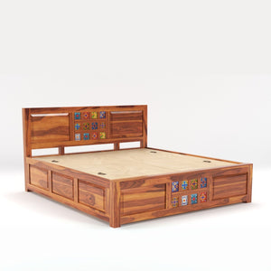 Hera Solid Sheesham Wood Queen Size Bed with Box Storage - Natural Finish