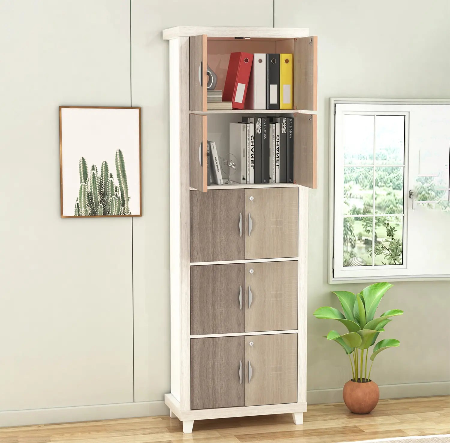 5-Compartment Modern Bookcase with Doors | Two-Tone Engineered Wood Storage Cabinet