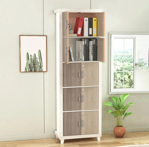 5-Compartment Modern Bookcase with Doors | Two-Tone Engineered Wood Storage Cabinet
