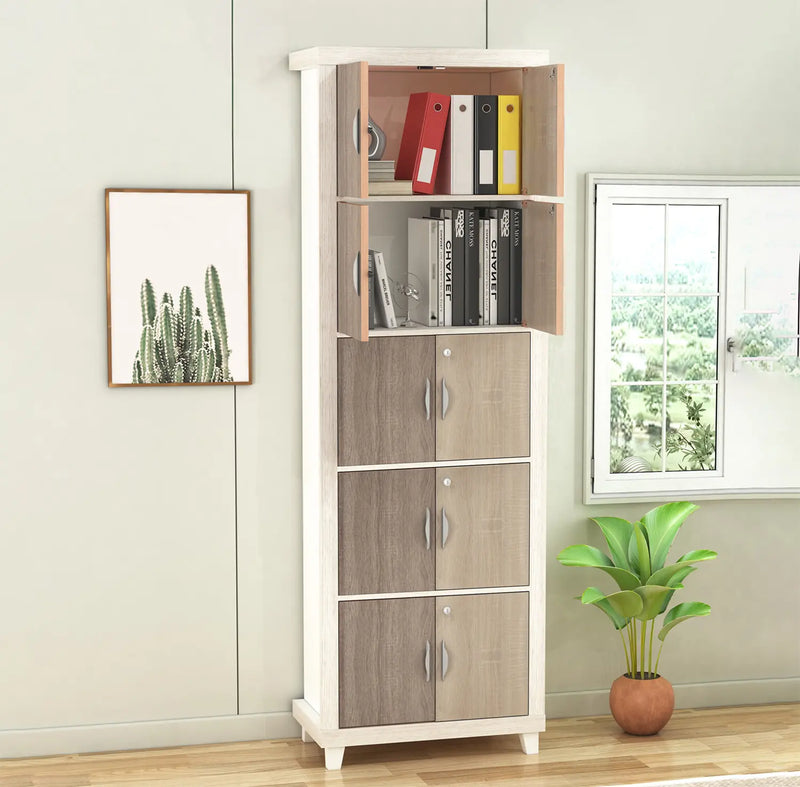 5-Compartment Modern Bookcase with Doors | Two-Tone Engineered Wood Storage Cabinet
