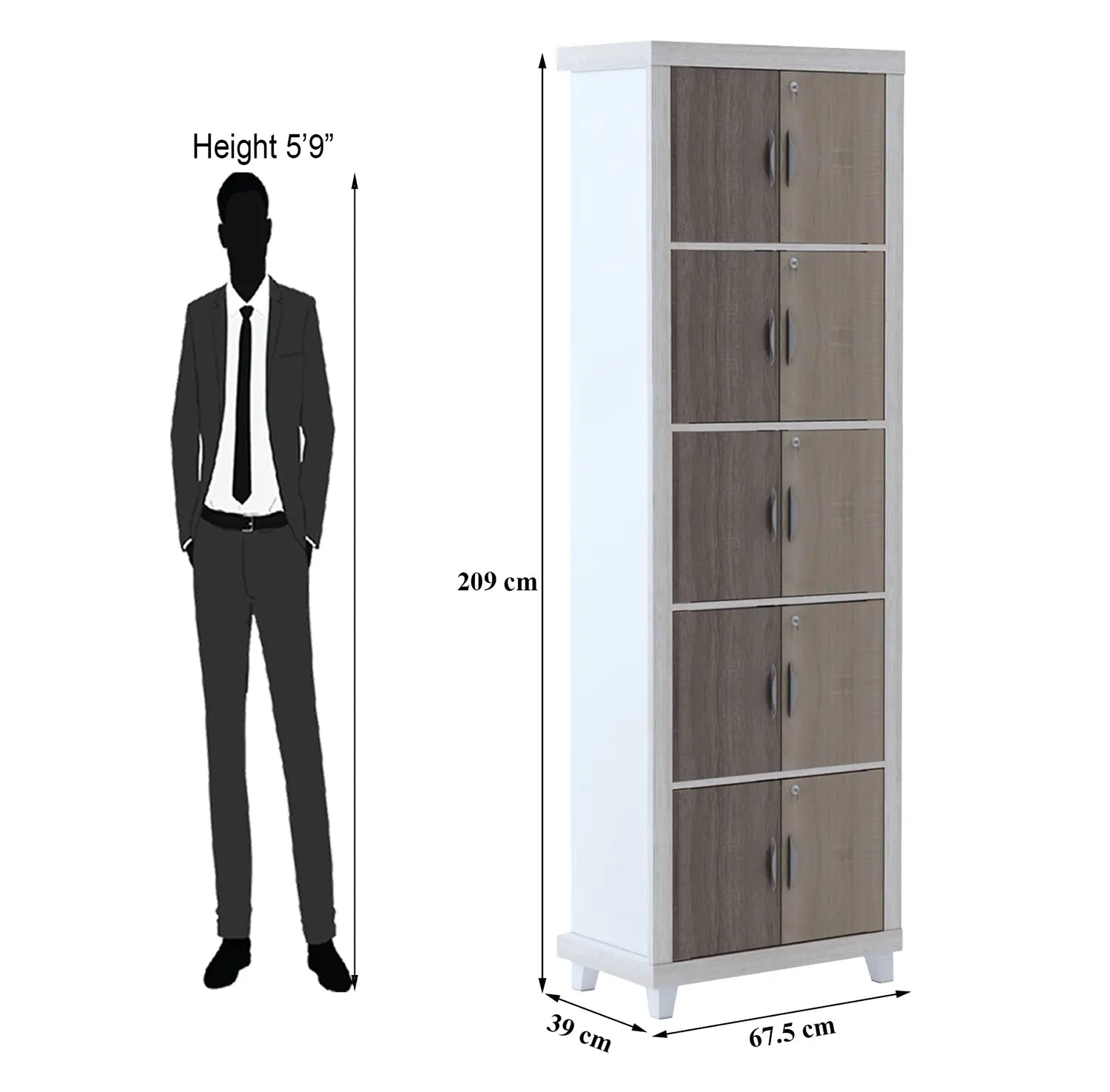 5-Compartment Modern Bookcase with Doors | Two-Tone Engineered Wood Storage Cabinet