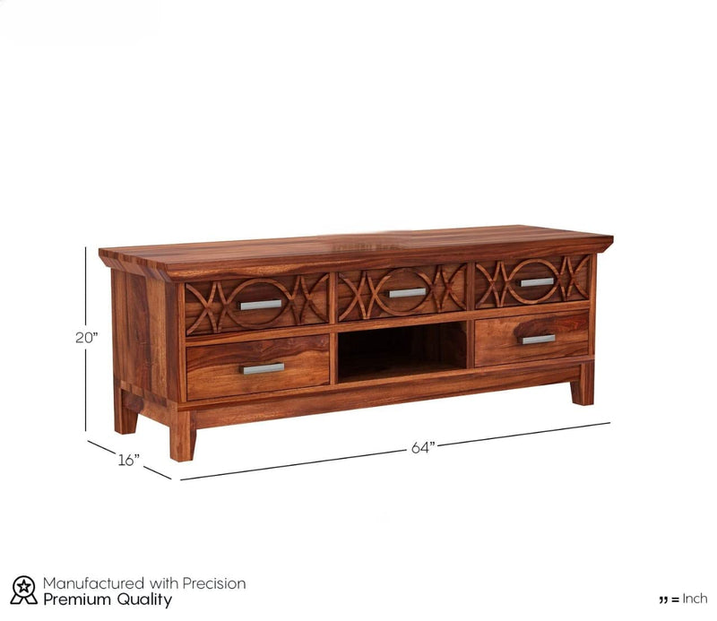 CNC Solid Sheesham Wood TV Unit for Living Room - Natural Finish | TVC-06