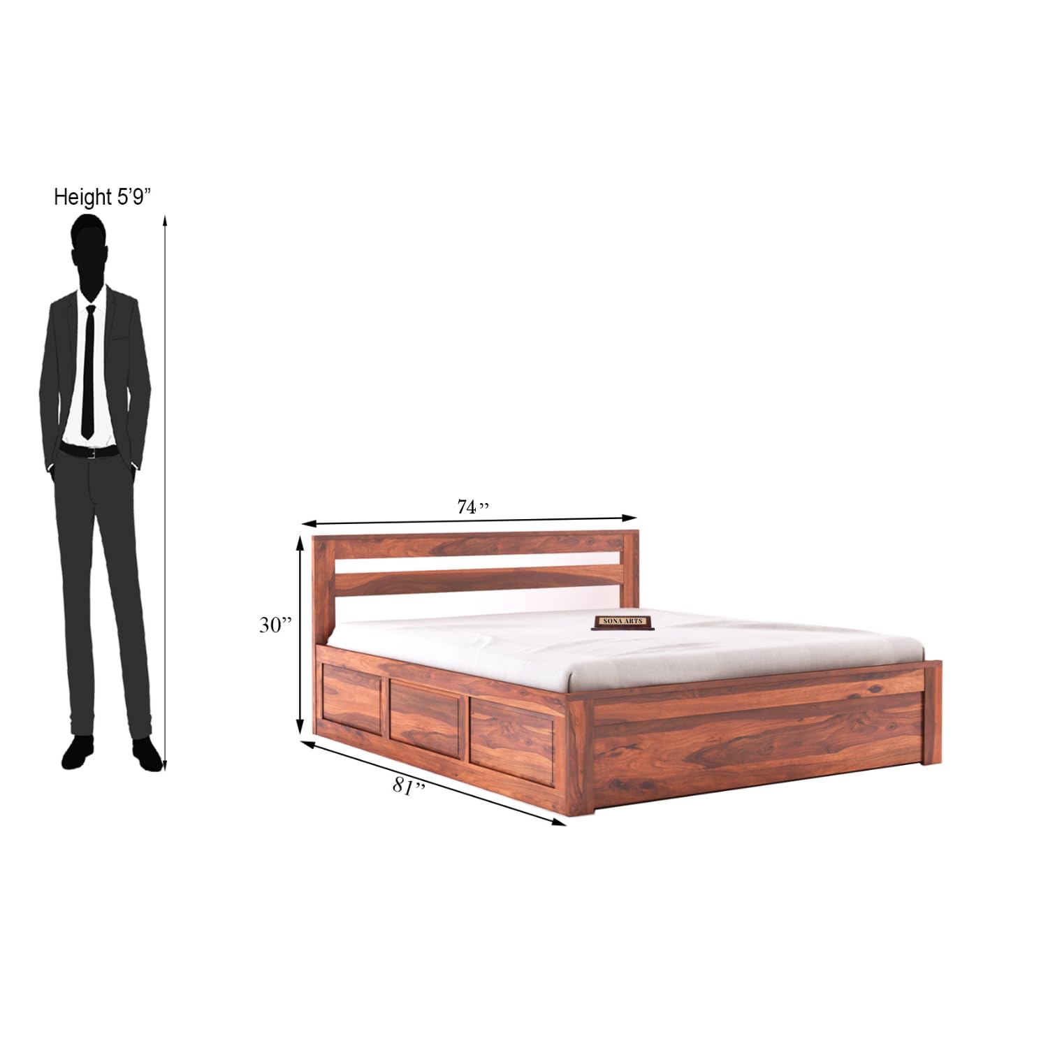 Eros Solid Sheesham Wood King Size Bed with Box Storage - Natural Finish