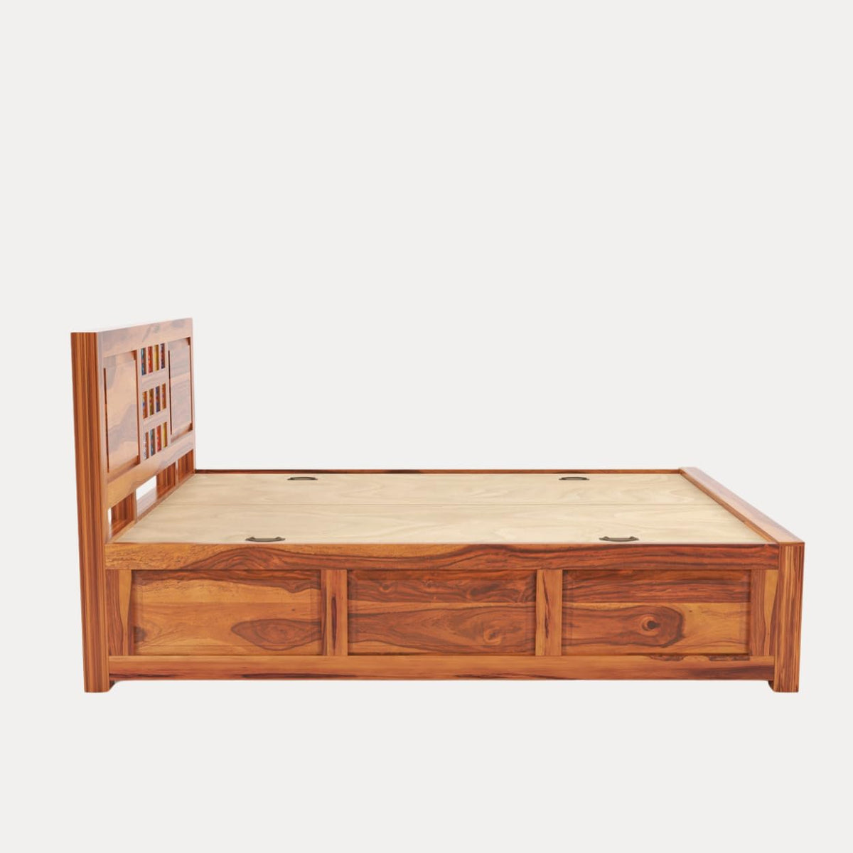Taurus Solid Sheesham Wood Queen Size Bed with Box Storage in natural finish - styled in a bedroom