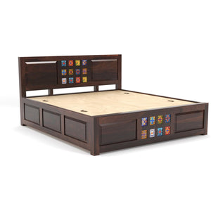 Taurus Solid Sheesham Wood Queen Size Bed with Box Storage - Walnut Finish