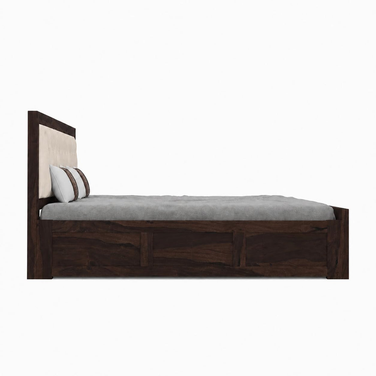 Veronica Sheesham Wood King Size Bed with Storage + 2 Bedside in walnut finish - close-up of the walnut finish and wood grain