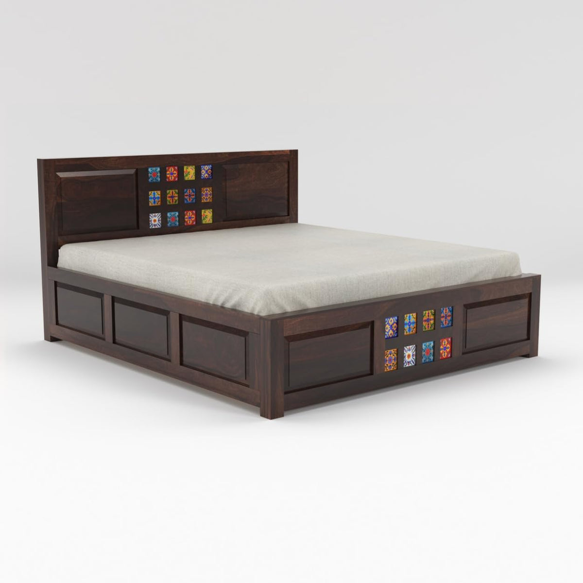 Taurus Solid Sheesham Wood Queen Size Bed with Box Storage - Walnut Finish