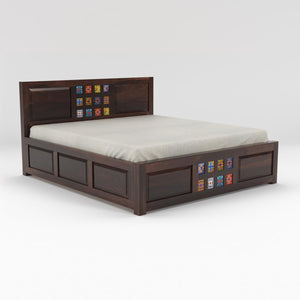 Taurus Solid Sheesham Wood Queen Size Bed with Box Storage - Walnut Finish