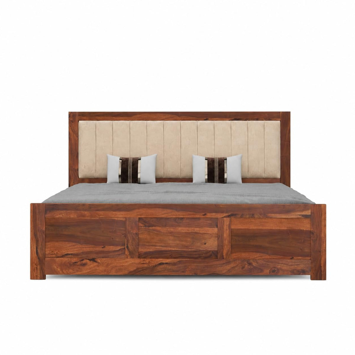 Veronica Solid Sheesham Wood Queen Size Bed with Box Storage in natural finish - headboard detail