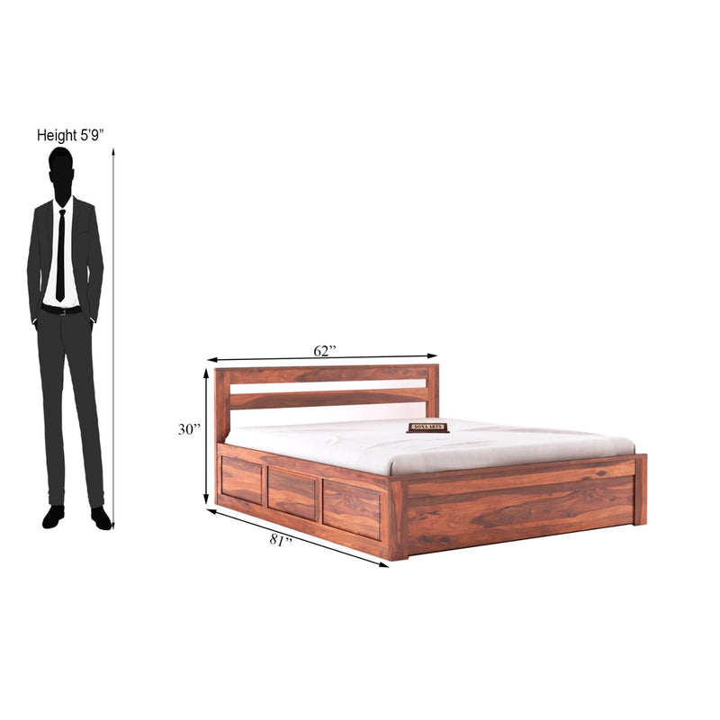 Eros Solid Sheesham Wood Queen Size Bed with Box Storage - Natural Finish