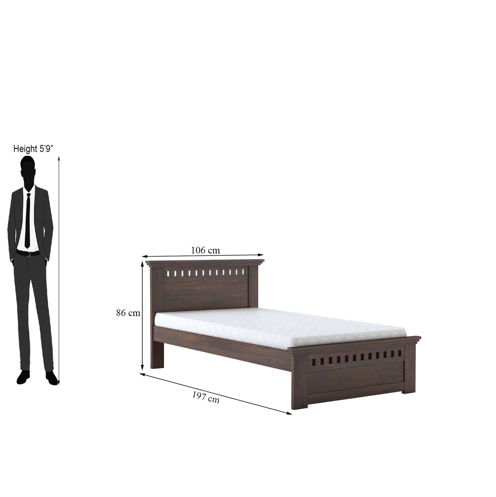 Kuber Solid Sheesham Wood Single Bed Furniture for Bedroom - Walnut Finish