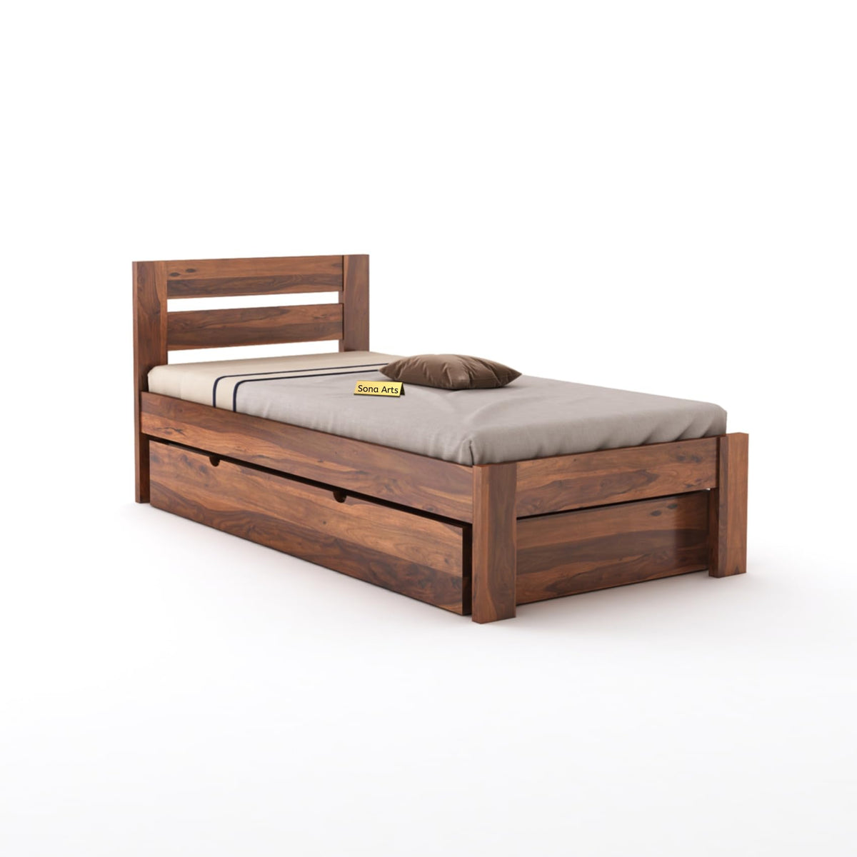 Eros Solid Sheesham Wood Single Size Trundle Bed in natural finish - close-up of the natural finish and wood grain