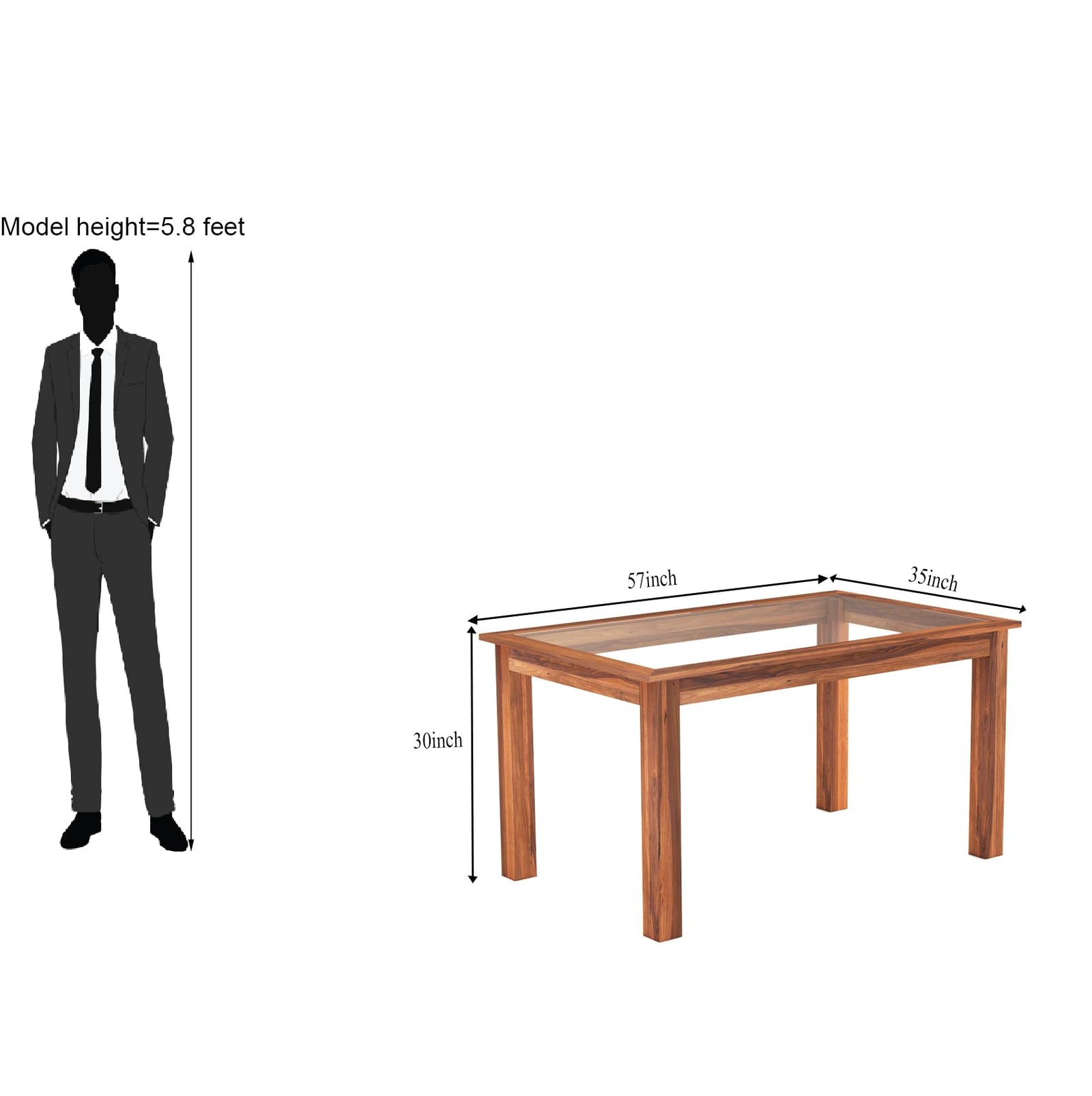 Luxe Solid Sheesham Wood Dining Table 6 Seater Dining Table Set, Glass Top Dinner Table Set - Natural Finish