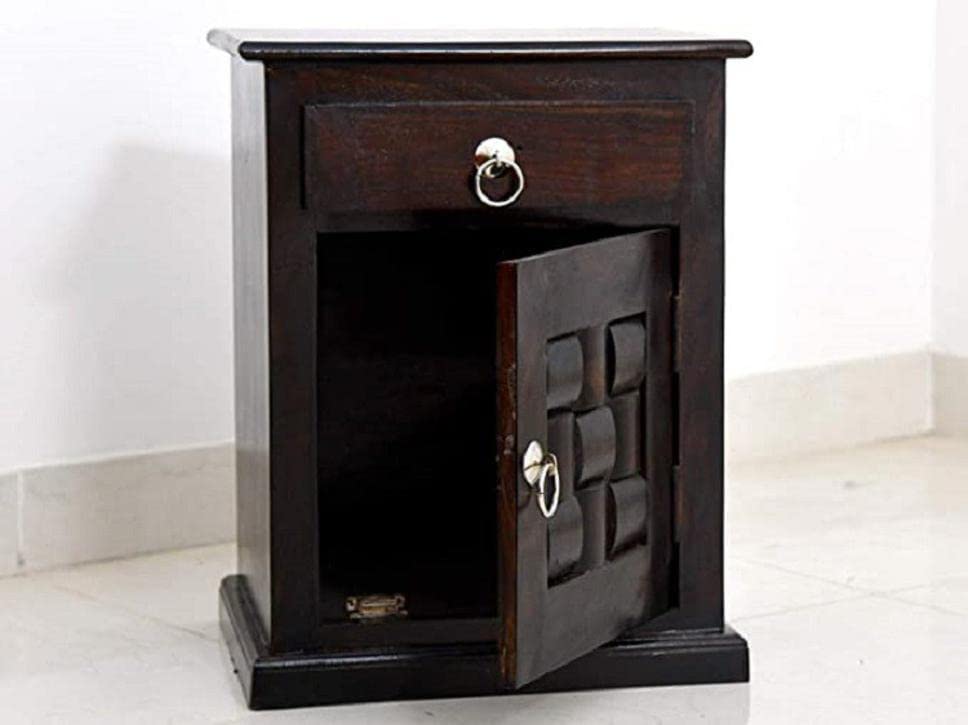 Niwar Solid Wood Bedside Table With Drawer Design - Walnut Finish