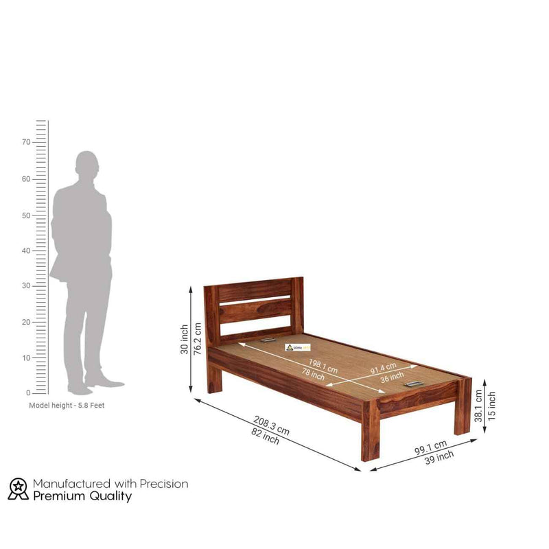 Eros Single Size Bed Without Storage - Natural Finish