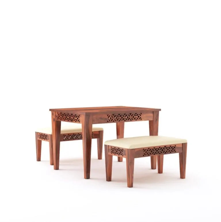 CNC Sheesham Wood Dining Table Set With Two Bench - Honey