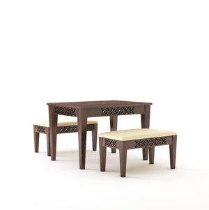 CNC Sheesham Wood Dining Table Set With Two Bench - Walnut