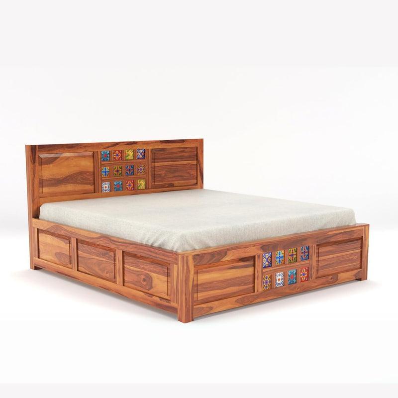 Taurus Solid Sheesham Wood Queen Size Bed with Box Storage - Natural Finish