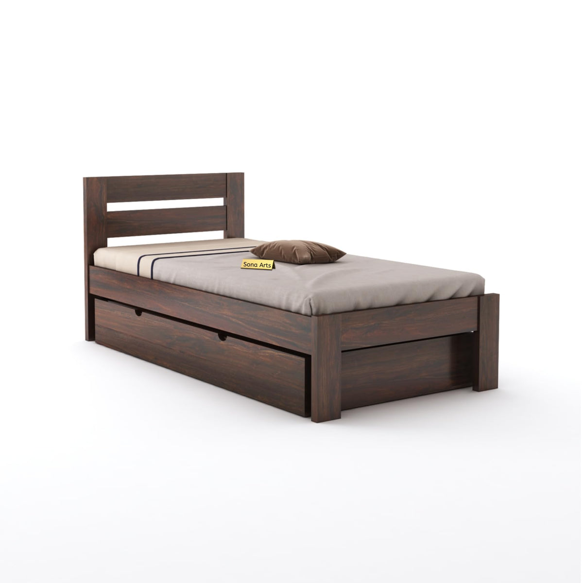 Eros Solid Sheesham Wood Single Size Trundle Bed in walnut finish - close-up of the walnut finish and wood grain