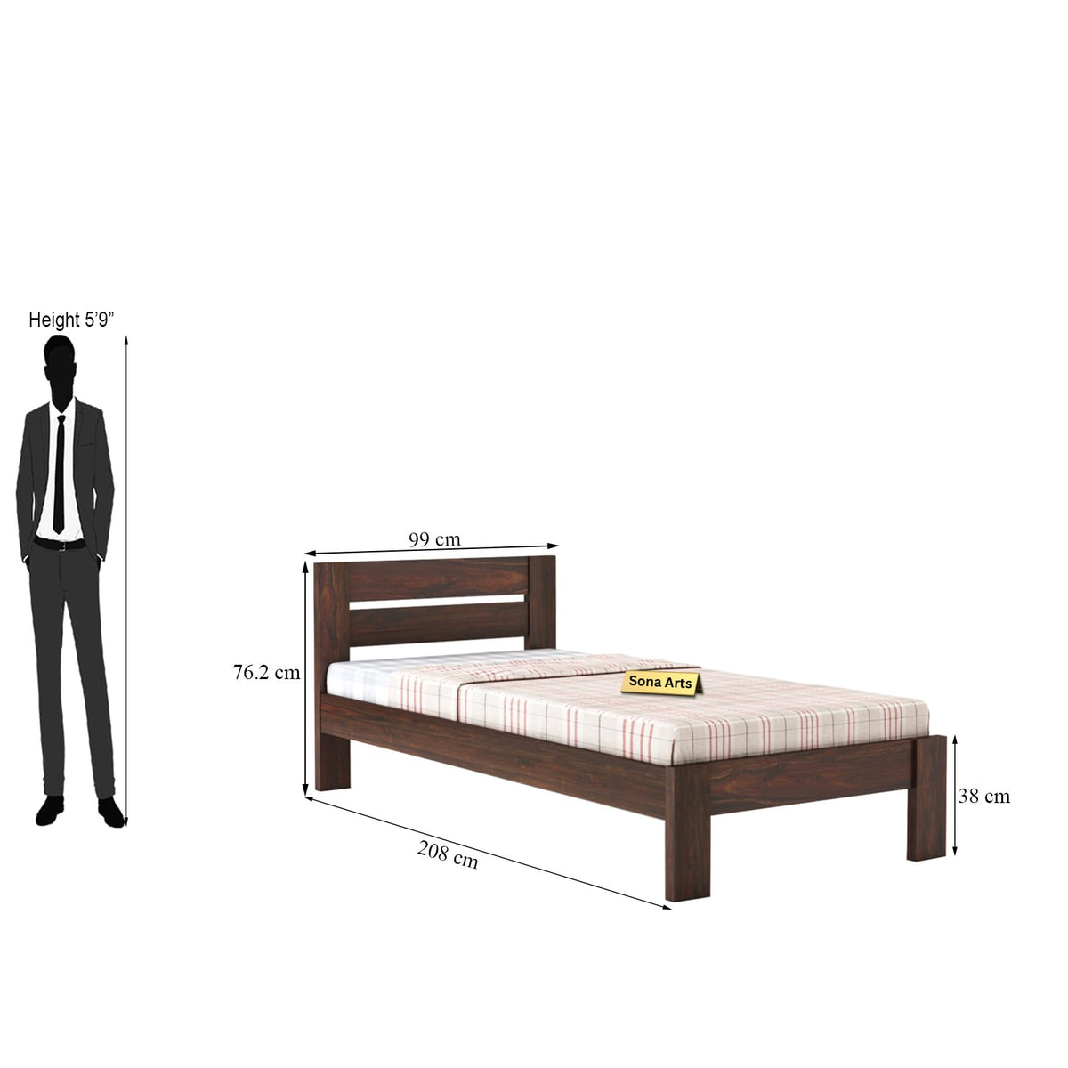 Eros Solid Sheesham Wood Single Size Bed without Storage in walnut finish - styled in a bedroom