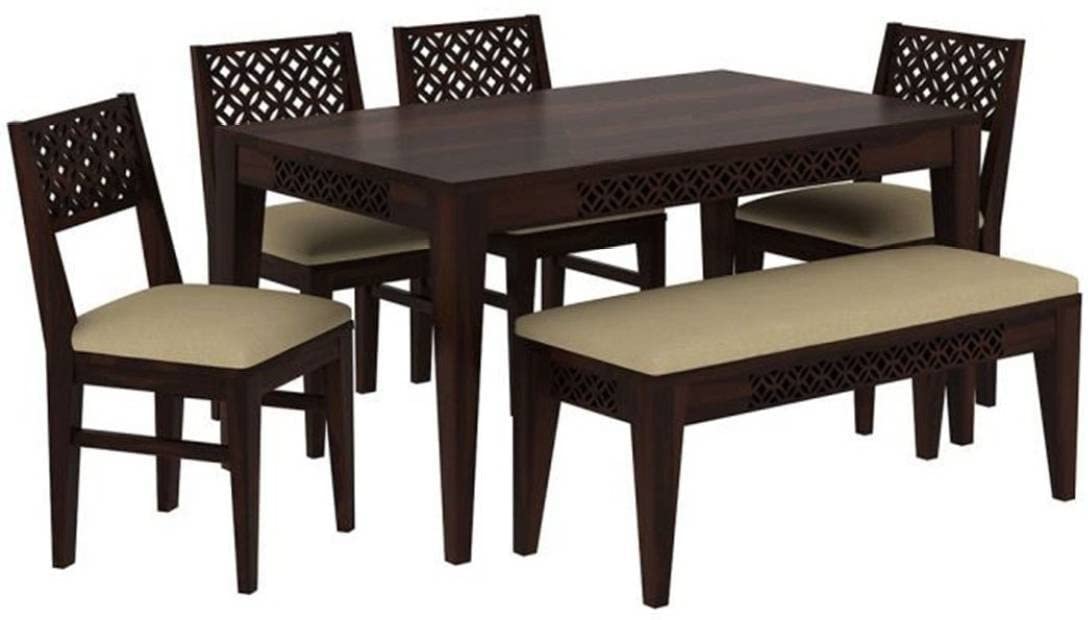 CNC Sheesham Wood 6 Seater Dining Table Set - Walnut Finish