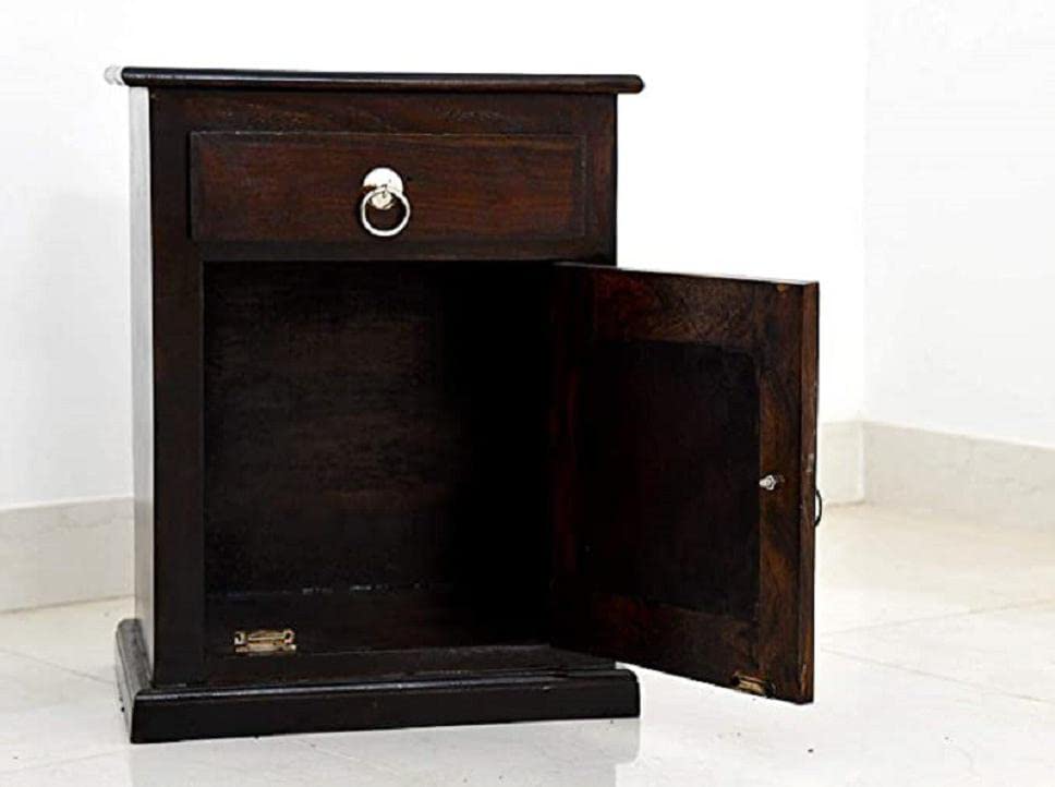 Niwar Solid Wood Bedside Table With Drawer Design - Walnut Finish