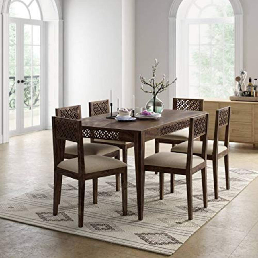 CNC Sheesham Wood 6 Seater Dining Table Set - Walnut
