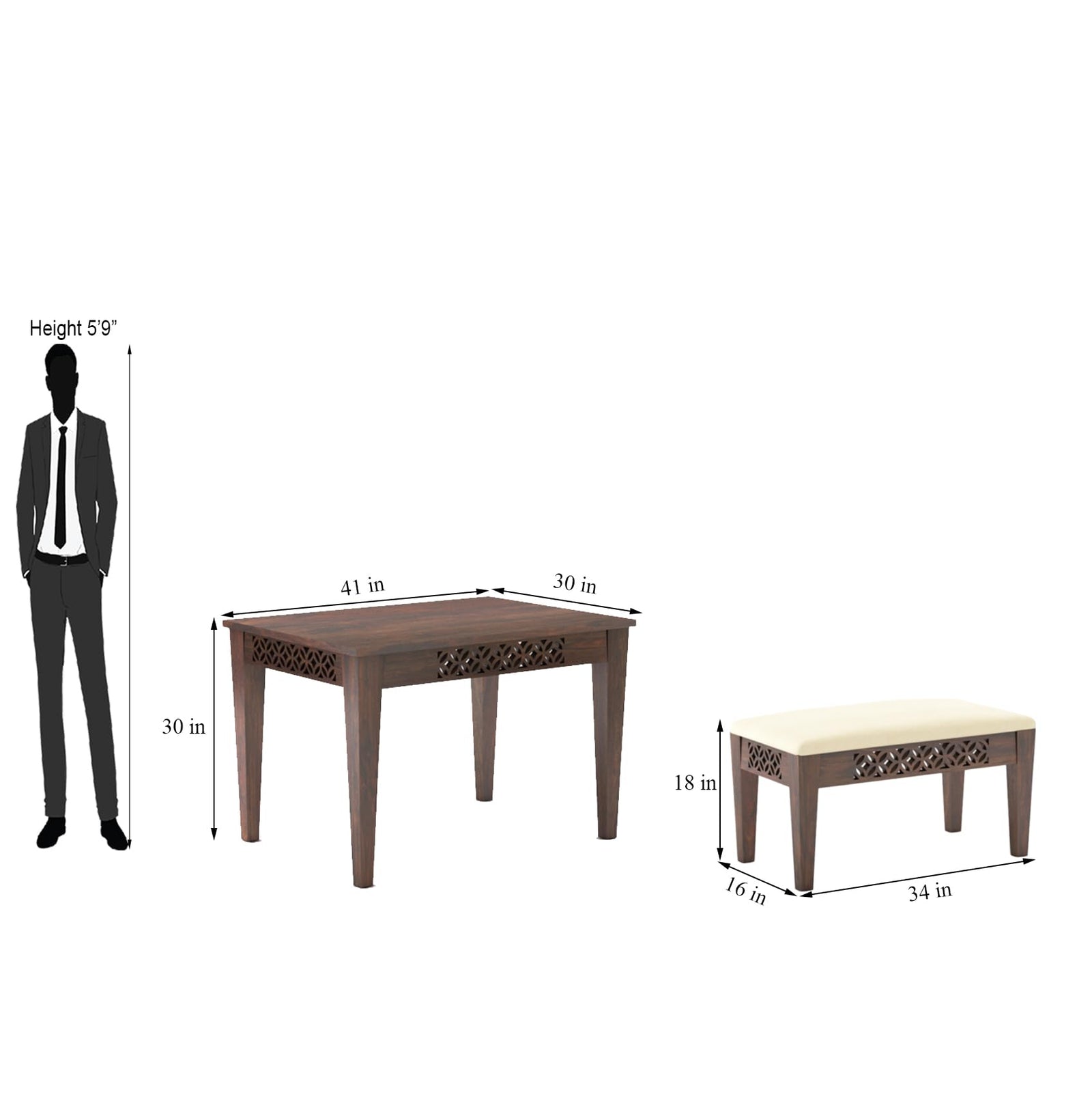 CNC Sheesham Wood Dining Table Set With Two Bench - Walnut